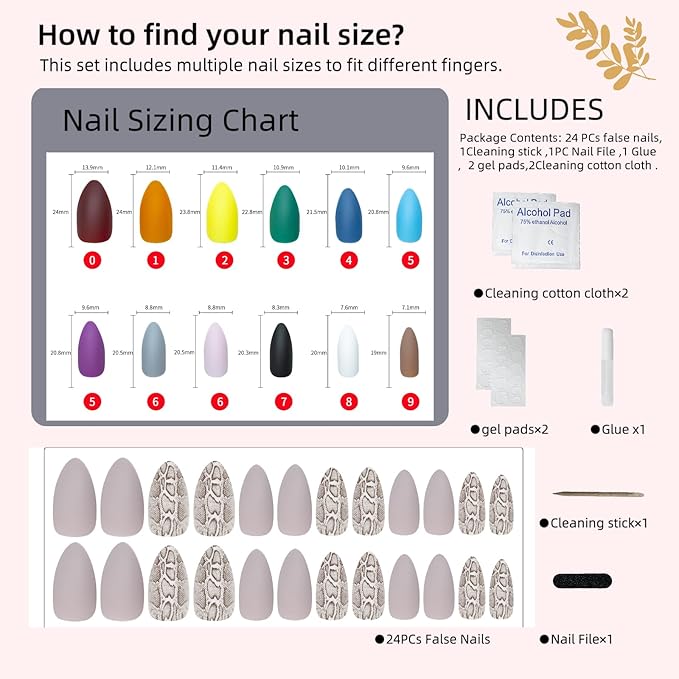 Matte Gray Snake Print Press on Nails, 24Pcs Stiletto Fake Nails with Adhesive Tabs, Animal Pattern False Nails for Women, Reusable Long Fake Nails for DIY Manicure