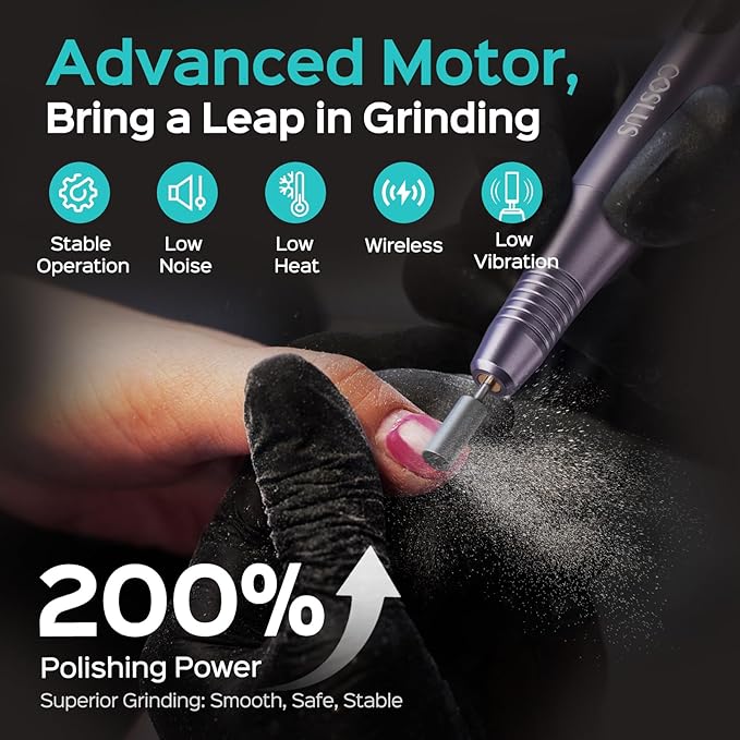 COSLUS C51 Electric Cordless Nail Drill: Professional Nail File with LED Screen & 25 Speeds for Acrylic Gel Dip Powder Removal, Beginner-Friendly for Home DIY & Salon, Portable for Travel, Purple