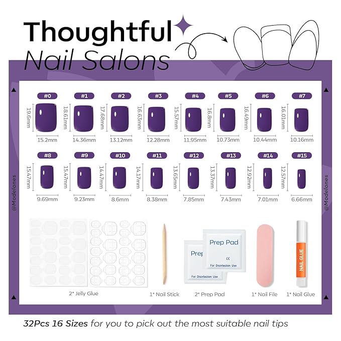 Modelones Midnight Purple Press on Nails, Short Square Fake Nails, Reusable Nail Kit with Nail Glue Adhesive Tabs Mini Nail File, Nails Press Ons 32Pcs16 Sizes, Women Girl Gift