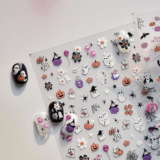Halloween Nail Stickers 5D Embossed Cute Ghost Nails Designs Flower Nail Supplies 3D Self-Adhesive Colorful Spider Web Nail Decals Balloon Nail Art Decoration for Women Girls DIY Manicure 1 Sheet
