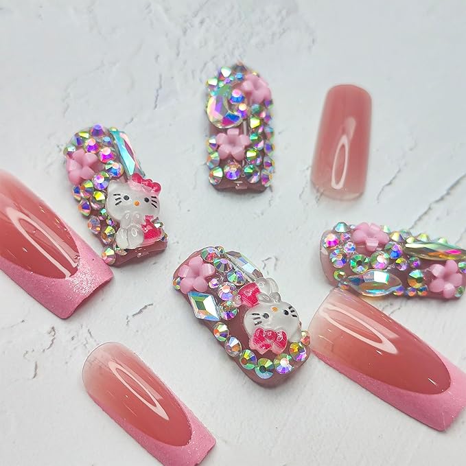 Pink Glitter French Tip Press on Nails Medium Square Fake Nails Glossy Rhinestones Full Cover Coffin False Nail with Rhinestones Charms Design Acrylic Nail for Women 24Pcs