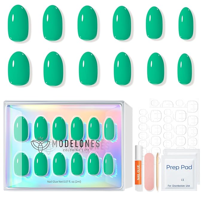 modelones Bright Green Short Press on Nails, Oval Fake Nails Kit Press Ons with Nail Glue, Adhesive Tabs, Nail File, Prep Pad, Manicure Stick, 32Pcs 16 Sizes, Spring Women Girl Gift