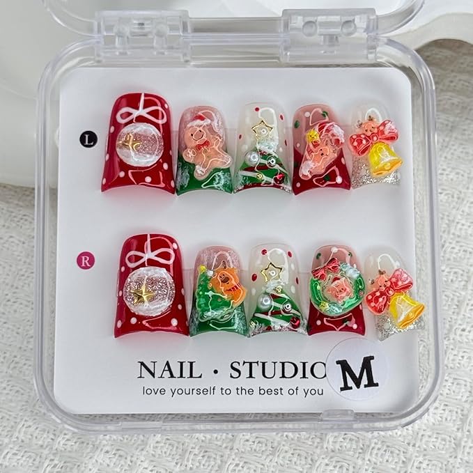 Handmade Press on Nails Short Duck Christmas Gingerbread Man Fake Nails Christmas Tree Bells Rhinestones Full Cover Glitter Cute Winter Stick on Nails Xmas Glue on Nail for Acrylic DIY (Size S)
