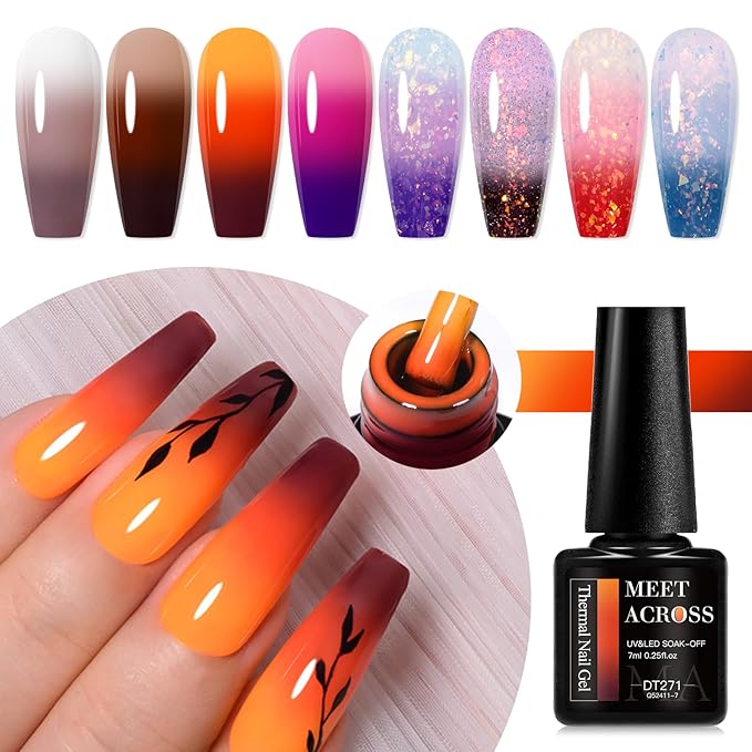 MEET ACROSS 8Pcs Color Changing Gel Nail Polish Set Nude Brown Amber Temperature Mood Changed Glitter Nail Polish Gel Polish DIY Salon Gift for Women