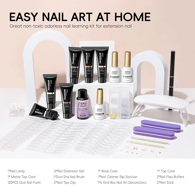 PEACECOLOR 24Pcs Poly Nail Gel Kit with U V light 6 Colors Clear Pink Nude Poly Nail Extension Gel with Glossy/Matte Top Coat Nail Rhinestones Starter Kit DIY Home Gifts for Women