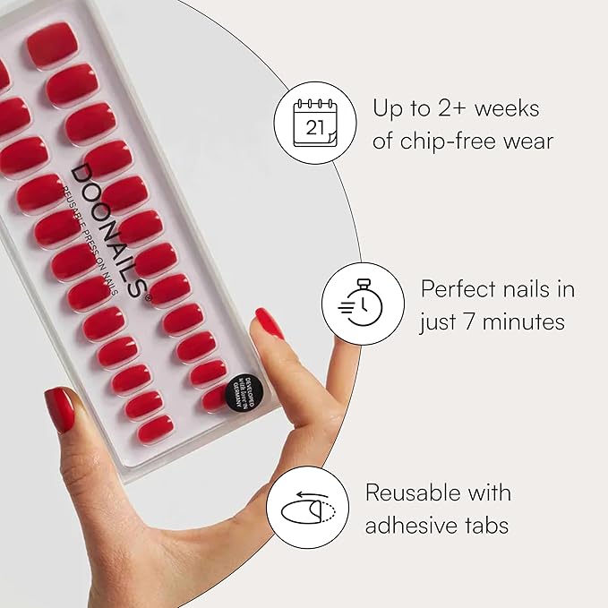 DOONAILS Soft Gel Press On Nails - 30 Pcs Kit with Stickers in 15 Sizes – Red, Short Square – Reusable Glue On Fake Nails, Handmade & Salon-Quality Finish, Vegan & Cruelty-Free, Uñas Postizas