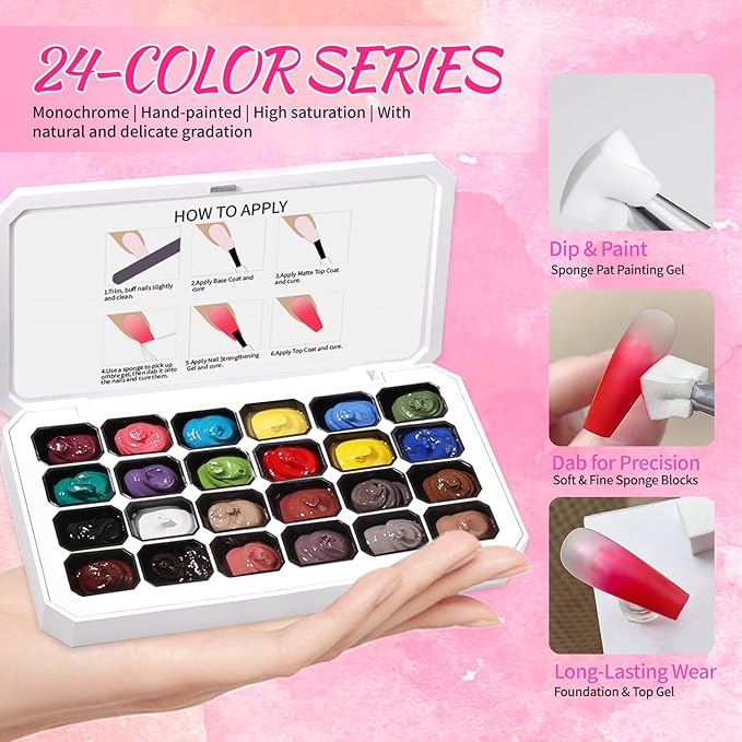 24 Colors Ombre Gel Nail Polish Set,Ombre Pigment for Nails,Gradient Painting Blooming Gel with 100Pcs Nail Sponges for 3D Gels Nail Art can be Painted in Salon or Home Use