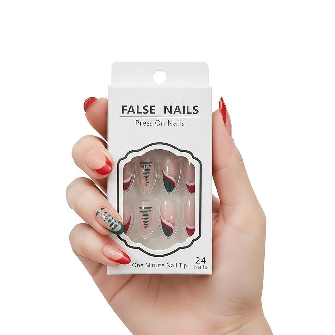 Press On Nails Almond Christmas, French Tip Press on Nails Short, Glue On Nails for Women Gift, Supremely Fit Natural Reusable Stick On Nails in 12 Sizes -24 Fake Nails Kit, Wave Christmas Tree