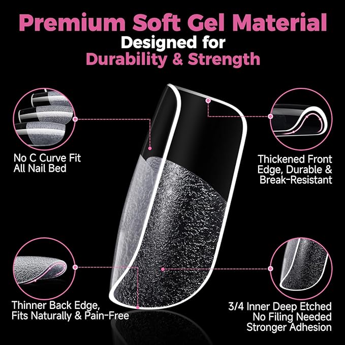 UNA GELLA Gel Nail Tips Square Short, 15 Sizes Short Square Press on Nails Pre Etched 300pcs Soft Gel Fake Nails Full Cover For Nail Extension Home DIY Salon for Flat & Curved Nail Beds