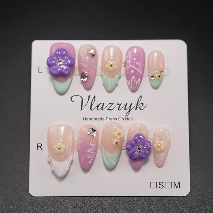 Handmade Press On Nails – Medium Almond Pink Purple Gradient French Tip Fake Nails,with 3D Flower Rhinestones – Thick Acrylic & Multi-Layer Gel, Reusable Luxury False Nails.