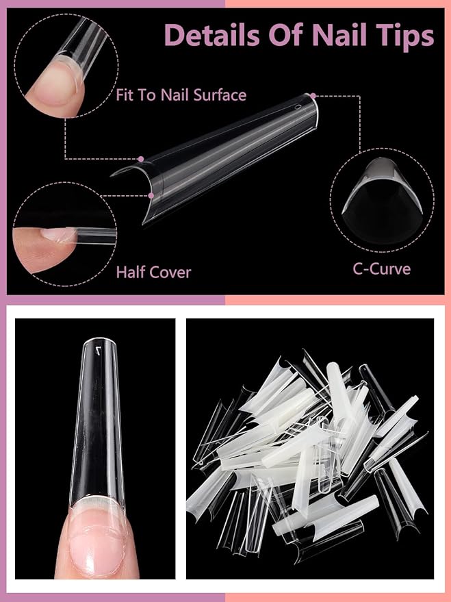 480PCS Coffin Nail Tips for Acrylic Nails Professional Set, XXL Extra Long Acrylic Nail Tips and Glue Set, Half Cover Natural & Clear Coffin Nails Tips, Nail Kit with Nail Clippers Glue