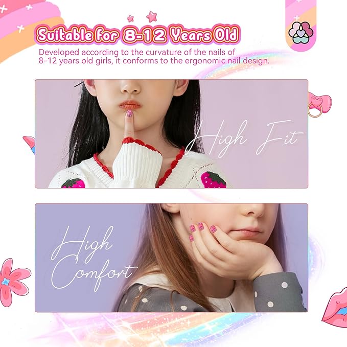 SAVILAND Press on Nails for Kids 168PCS: Kid Press on Nail for Girls Colorful Patterns Kids Fake Nails Tips Strong Adhesion Short Square False Acrylic Nail Art Christmas Easter Gifts 8-12 Years Child