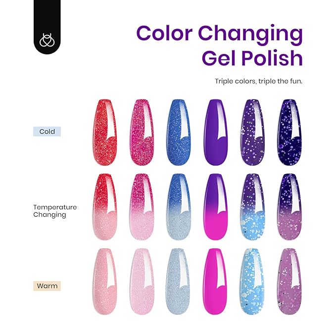 Beetles Color Changing Gel Nail Polish Set - 6 Colors Pink Red Glitter Blue Purple Mood Temperature Change Nail Polish Gel Set Soak Off Nail Art Gel DIY Salon Manicure Gift for Women