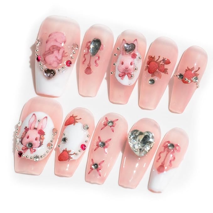Sun&Beam Nails Handmade Long Coffin Ballerina Pink False Nail Tips with Cute 3D Diamond Popular Charm Design Press On Nails 10 Pcs (#72 XS)