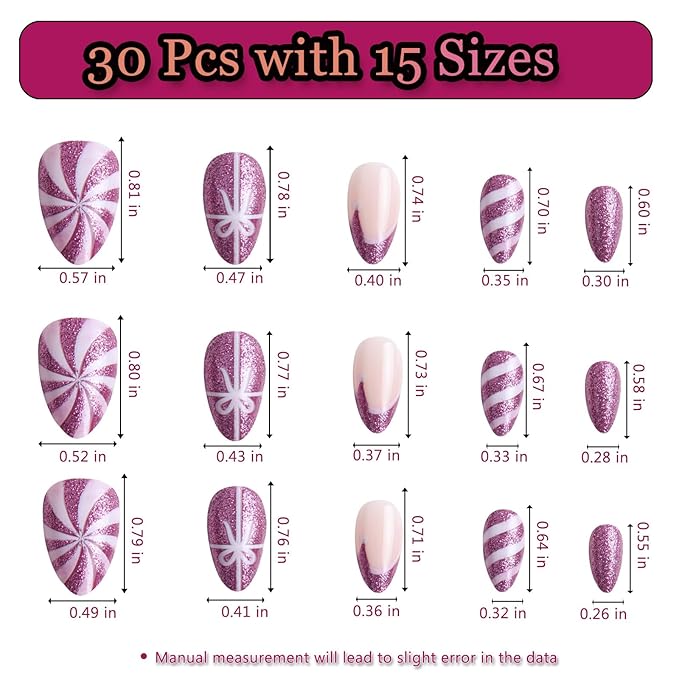 30pcs Shining Purple Short Almond Press On Nails with Candy, Bows, and Hats for Themed Costumes, Reusable Nail Kit with Nail Adhesive Tabs Mini Nail File, 15 Sizes (Purple)