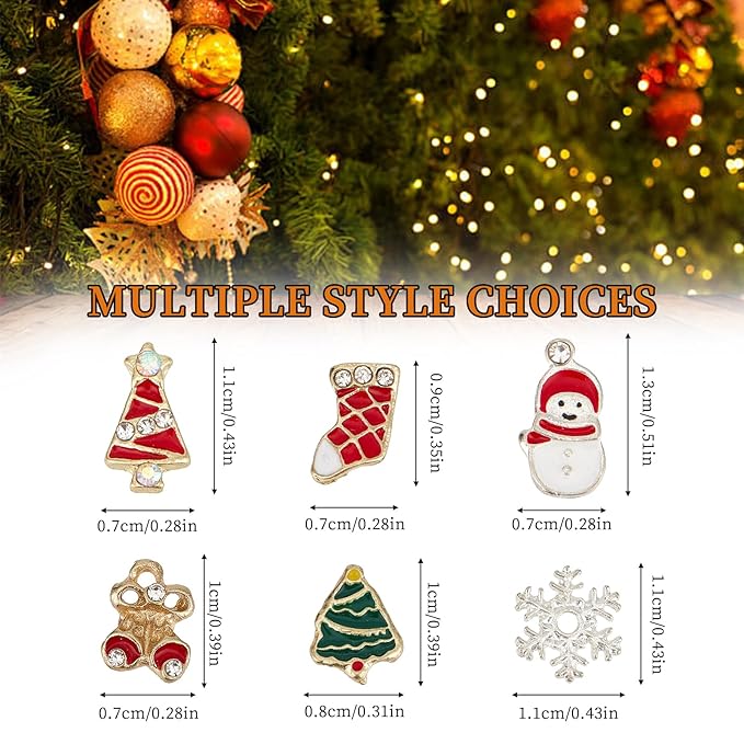 NICENEEDED 60 Pcs Christmas Nail Charms, Santa Claus Snowman Snowflake Nail Art Decorations, Rhinestones Bell Xmas Tree Nail Art Jewels Nail Gems for Nail Art Design DIY Crafting Christmas Party
