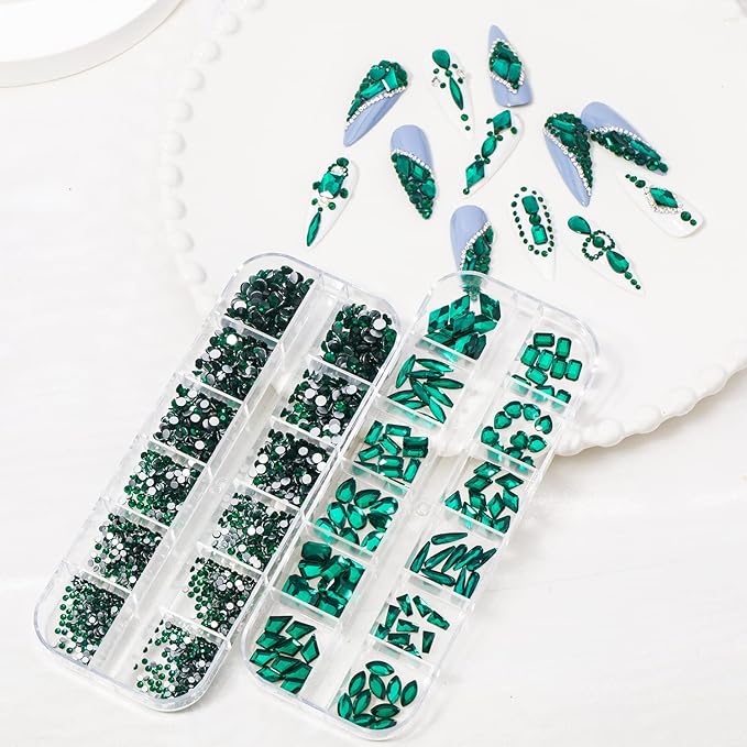HNUIX Nail Rhinestones - 3D Multi Shape Size, Emerald Green Nail Gems, Flat Back, with Kit, for Nail Art, DIY Decorations