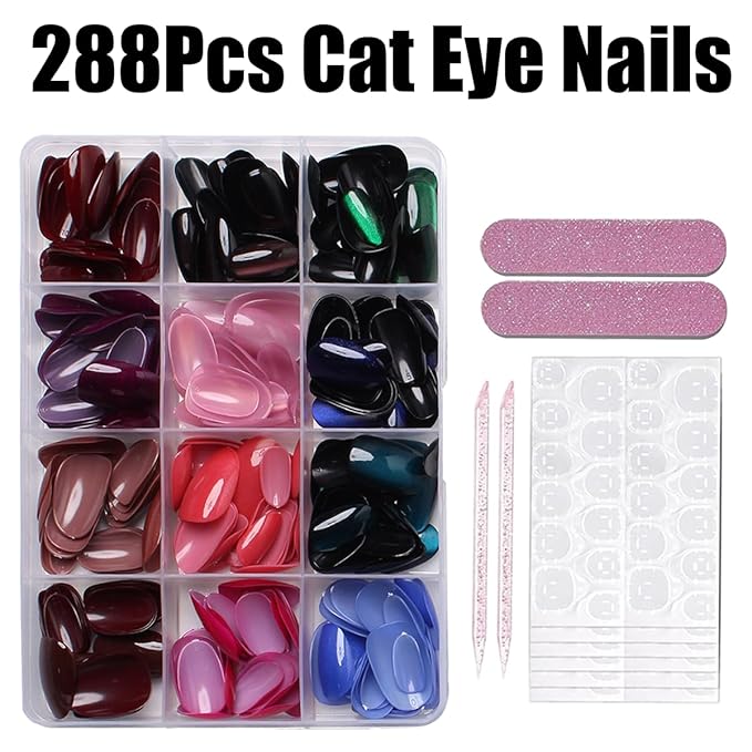 288Pcs Cat Eye Press on Nails Short Almond Fake Nails 12 Color Glitter False Nails Shiny Acrylic Glossy Glue on Nails Gradient Stick on Nail for Women Manicure