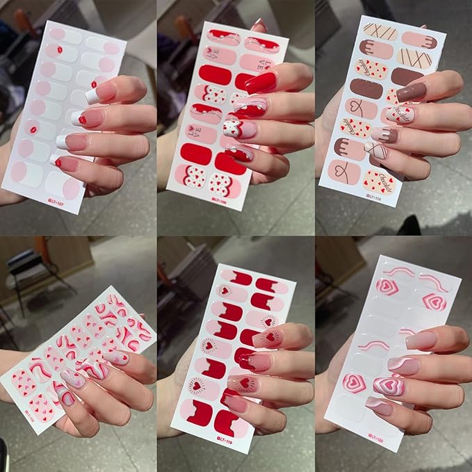 6 Sheets Valentines Day Nail Stickers Romantic Pink Red Heart Full Wrap Gel Nail Strips Self-Adhesive Red Lips French Tip Nail Polish Strips Cute Holiday Gel Nails Decals for Women Acrylic DIY