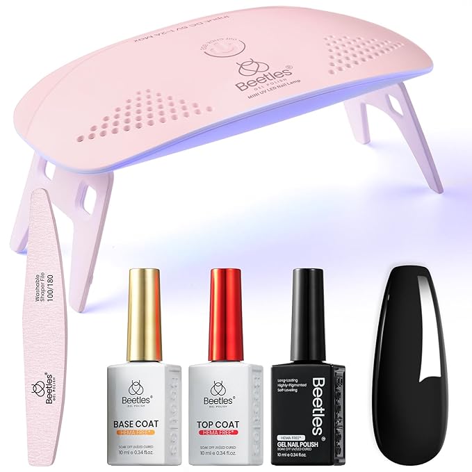 Beetles 10ML HEMA-Free Black Gel Nail Polish Kit with U V Light, 5 Pcs Black Gel Polish Set DIY Home Salon Portable Manicure Kit with Base &Top Nail File Coat Soak Off Gifts for Women Girls Teens