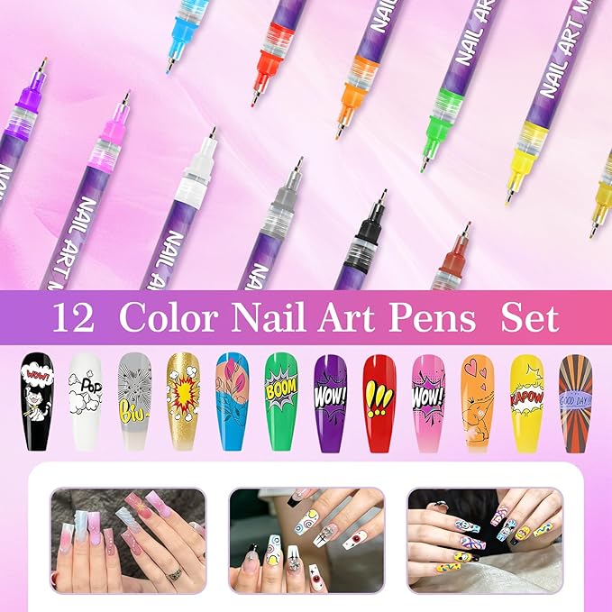 12 Colors Nail Art Marker Pens Set, Nail Markers for Nail Art, Suitable for Nail Art, Nail Painting, And Artistic Decorations; Suitable for Both Children And Adults. (12 Colors)