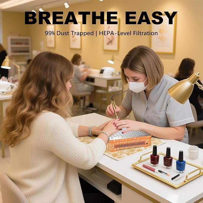 Nail Dust Collector | 1000PA Professional Nail Dust Collector | 10 Speed Levels| Low Noise & Strong Suction| Reusable Filter, 10 Pads + Nail Dust Brush| for Acrylic Nails, Salon & Home -Orange Diamond