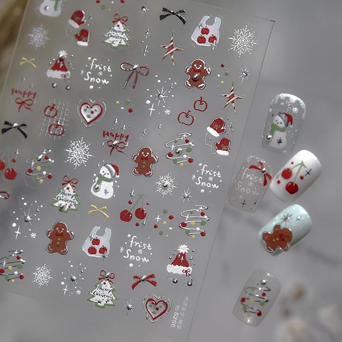 Christmas Nail Stickers 3D Self-Adhesive Santa Claus Snowman Nails Supplies Tree Bow Nails Decals Gingerbread Man Designs 5D Embossed Cute Red Cherry Nails Decoration for Women DIY Manicure 1 Sheet