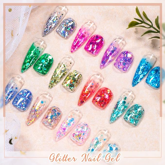 MEET ACROSS 12 Colors Glitter Gel Nail Polish Set Big Sequins Gel Polish Kit with 1Pc Nail Brush, Sparkly Shiny Gel Nail Polish for Home DIY Manicure Nail Salon