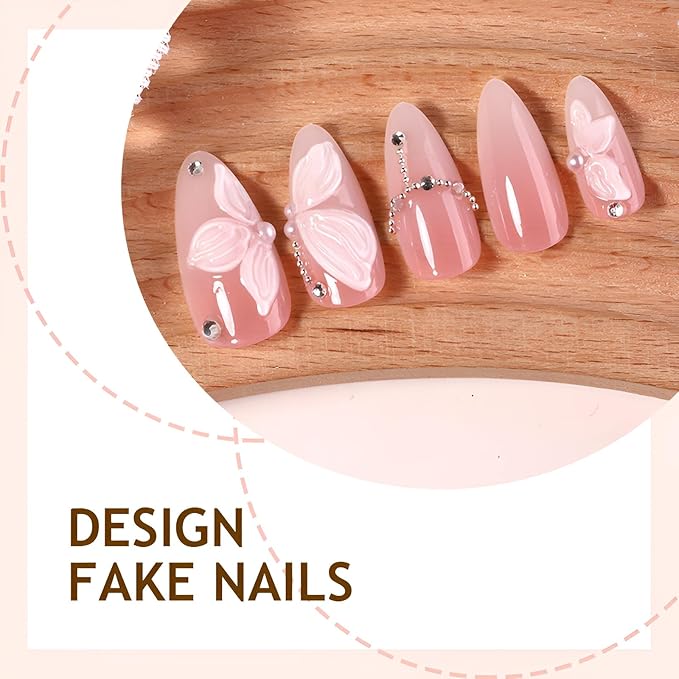 24Pcs Flower Press on Nails Medium Almond Fake Nails Nude False Nails White Flower Nails Press Ons with Pearl Design Glossy Stick on Nail Gradient Stick on Nail for Women Decorations Set
