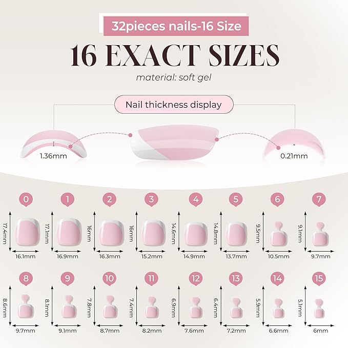 UNA GELLA Press On Toenails Short: Pink French Square Soft Gel Toe Nail Press Ons Kit with Adhesive Tabs Glue on Nails, 16 Sizes - 32Pcs Reusable Short Fake Toenails Kit, Gift for Women Girls