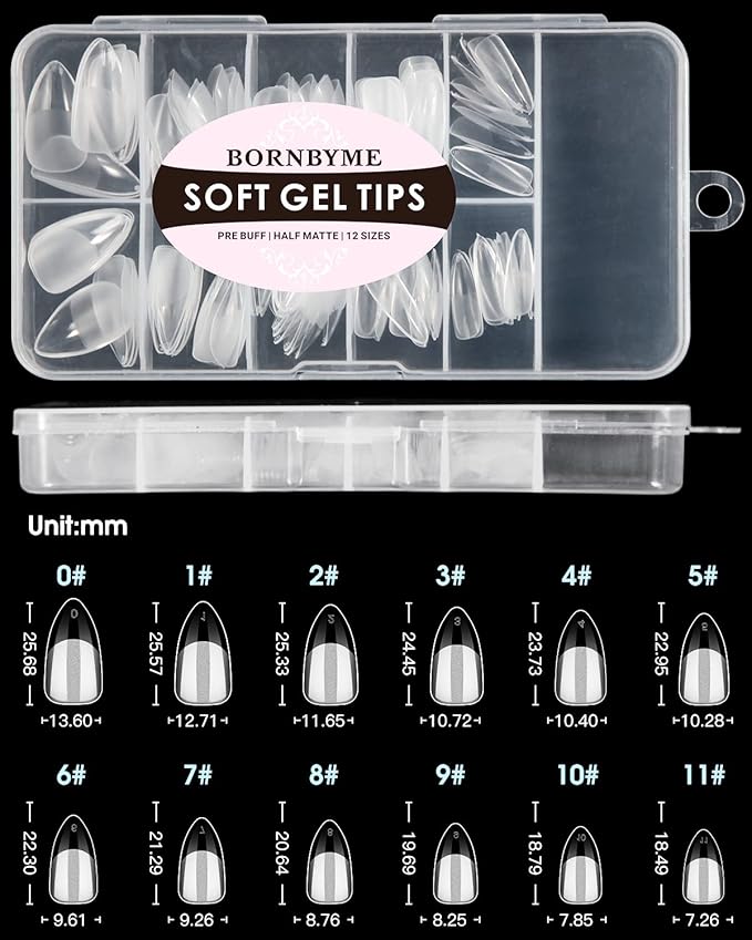 Soft Gel Nail Tips Medium Almond, 120PCS Pre Buff Full Cover Nail Extenison Tips Half Matte Gel Nail Tips BORNBYME