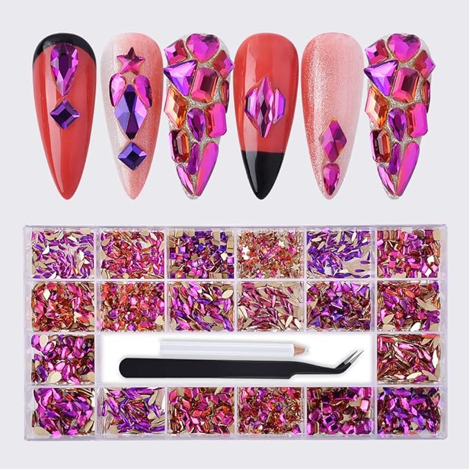 Nail Rhinestones Kit - 1000Pcs/Box Multi Shapes Glass Crystal Diamond Flatback Professional Art Decorations DIY Craft With Picker, Purple