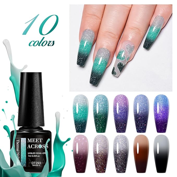 MEET ACROSS Color Changing Gel Nail Polish Set, 12 PCS Shimmer Glitter Mood Temperature Change Colors Kit, Black Brown Green Purple UV Thermal Manicure Gel Gift
