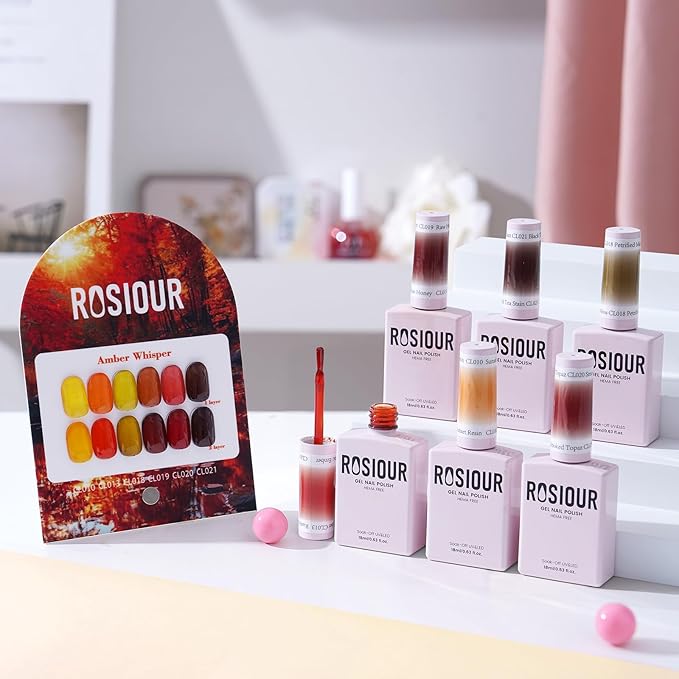6PCS 18ml Fall Gel Nail Polish Set- Hema Free Amber Chic Jelly Soak off Gel Polish Set with Swatch Board - Yellow Red Brown Translucent Gel Colors Nail Art Manicure Salon DIY at Home for Women Girl