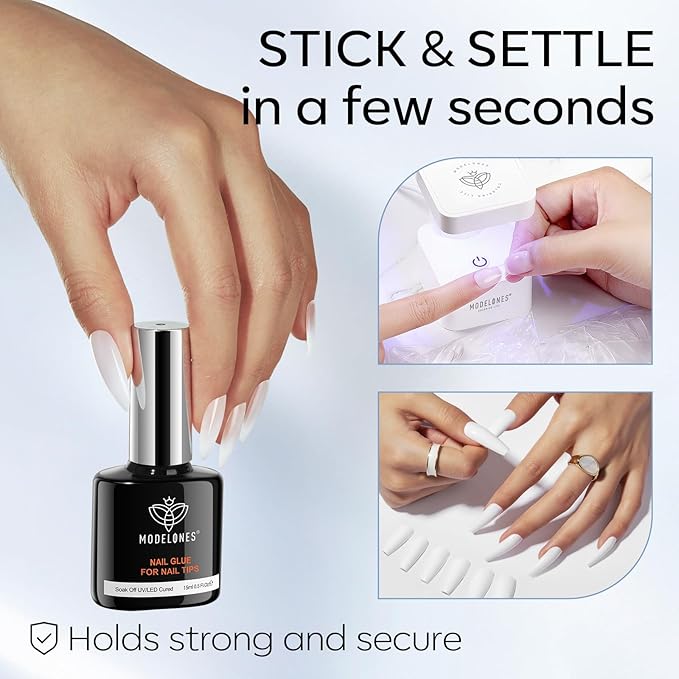 modelones Gel Nail Glue 9 in One Base Gel and No Wipe Top Coat Set 2Pcs for Gel Nail Polish Adhesive Nail Extension Gel Rhinestone Glue Nail Art LED Need 15ml