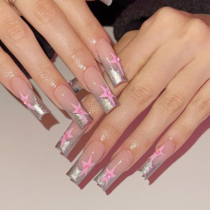 Y2K Press On Sliver French Tip Pink Full Cover Star False Nails with Designs Pearl Glitter Glossy Glue On Acrylic Manicure Artificial Nails for Women Girls