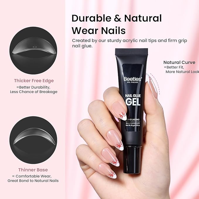 Beetles Gel Nail Kit Medium Almond with Dehydrator and Primer, 576Pcs Half Matte Etch-X Gel Nail Tips Solid Glue Mini Lamp Acrylic Nail Tips Easy DIY Nail Extension Set Gift for Women