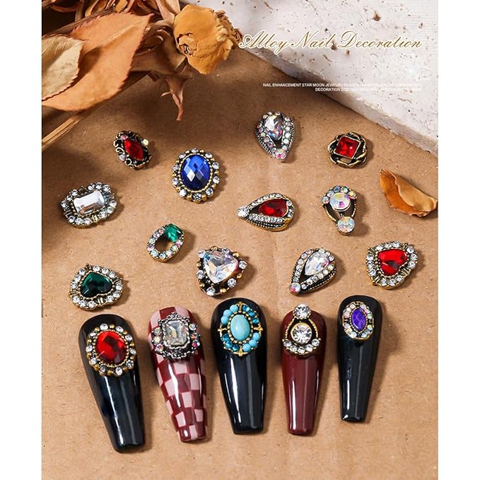 24 Pcs Retro Gold Nail Charms, qiipii 12 Pair 3D Alloy Luxury Nail Gems Elegant Heart Retro Rhinestones for Nails Golden Nail Crystals Diamonds Stones, Nail Art Supplies for Nails Decoration Crafts