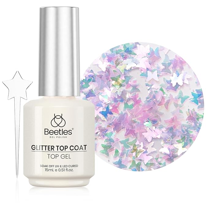 Beetles Glitter Gel Top Coat 15ml - Mirage Butterfly Glitter Shine No Wipe Top Coat Long-Lasting for Gel Polish, Butterfly Sparkle Soak Off UV LED Gift for Women