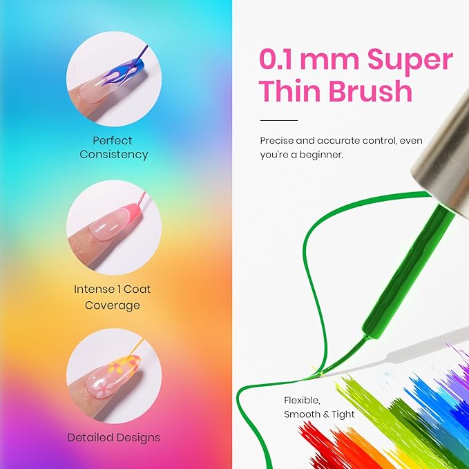 Beetles Summer Gel Liner Nail Polish Set - 6 Neon Gel Nail Polish Colors Hot Pink Orange Blue Yellow Paint for Nails Built Thin Brush in Bottle Soak off Uv LED Lamp Nails Art
