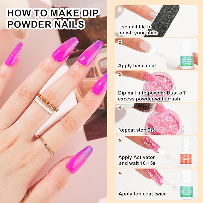2 in 1 Dip Powder Nail Kit - 15ml/0.5oz Bottle Dipping Powder System with Base & Top Coat, Activator, No Lamp Cured, Fast Dry, Good for Salons & Beginners