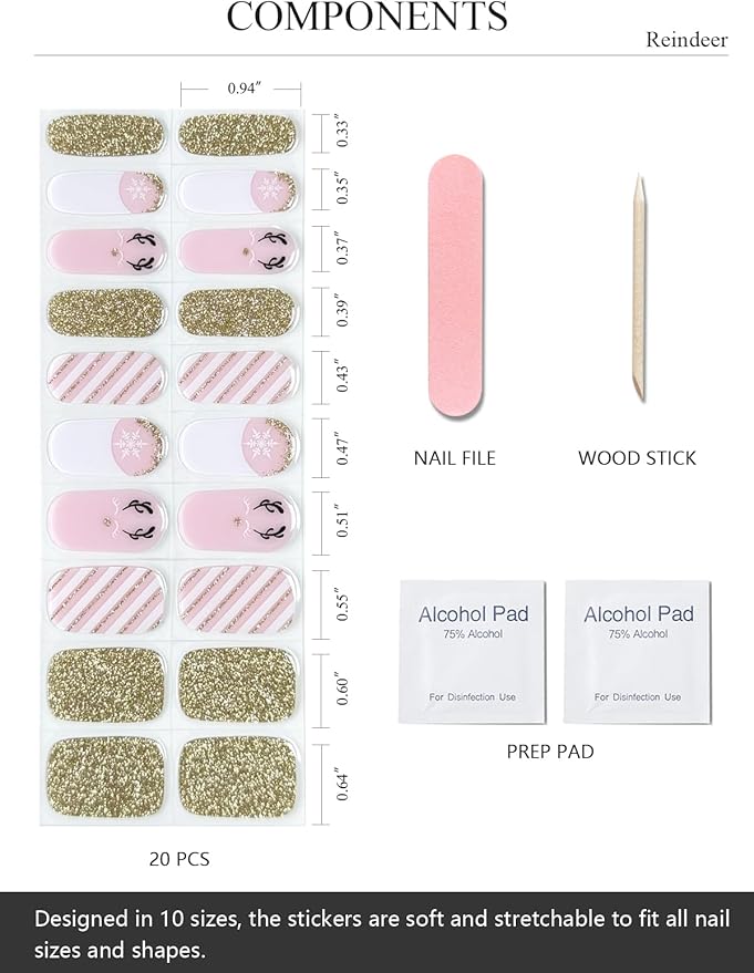 Semi Cured Gel Nail Strips (Reindeer), Christmas Gold Glitter, 20 Pcs Gel Nail Wraps, Stickers, Snowflake, Long Lasting, Works with Any UV Lamps
