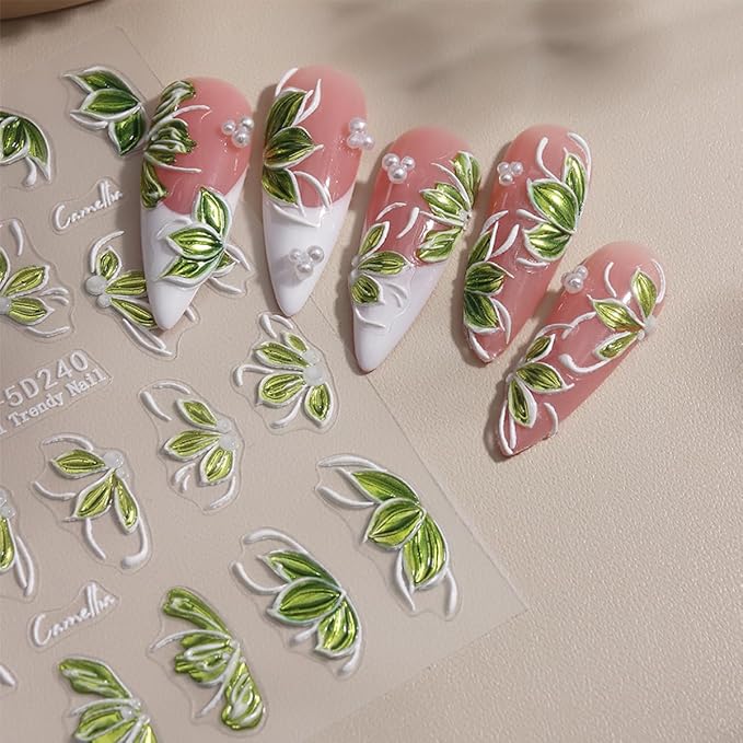 2Sheets Spring Nail Stickers 5D Embossed Green Camellia Flower Nail Decals Self-Adhesive Green Leaf Nail Art Stickers Spring Summer Bronzing Flower Cute Nail Design Supplies for Women DIY Manicure