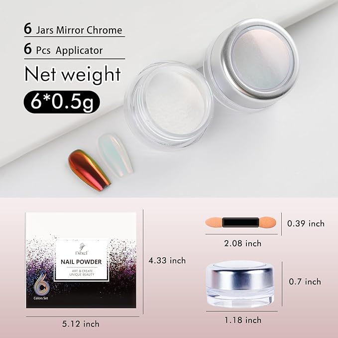 6 Colors Set 0.5g/Jar Chrome Nail Powder Mirror Effect Mermaid Aurora Pearl White Glitter Iridescent Pigment Color Shift Dust Nail Art Decoration