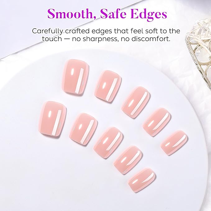 Luxbon Short Press On False Nails with No-Cure Nail Glue and Tool Kit – Square Acrylic Stick On Nails Soft Gel Tips 30-32pcs Full Size Set, Reusable Fake Nails for Women, White Optical Plating, Pink