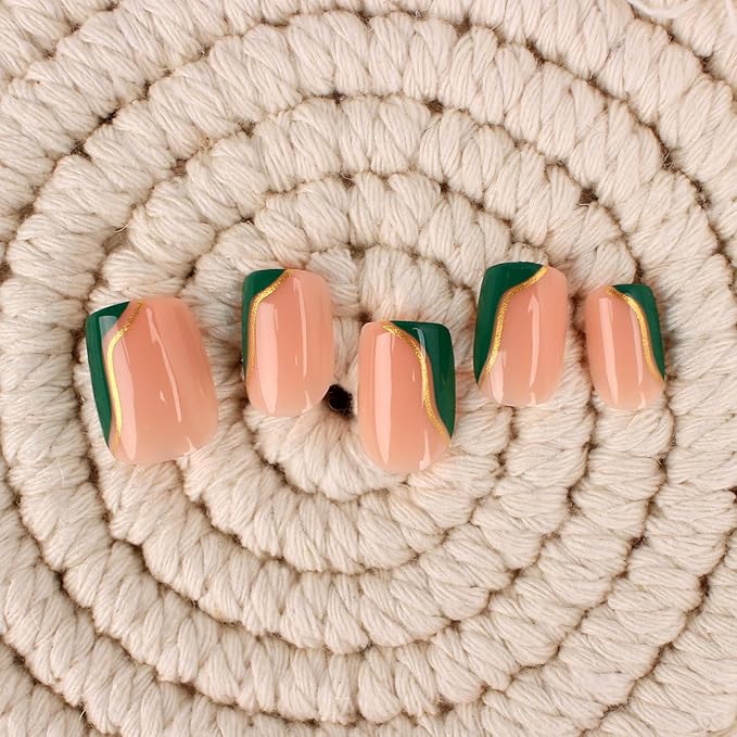 Fall Press On Nails Short Square Nude Fake Nails Green with Gold Stripes Fake Nails Fashion Glossy Acrylic Press ons Nail Gel Stick On Nails Set Glue on Nails for Women & Girls 30Pcs