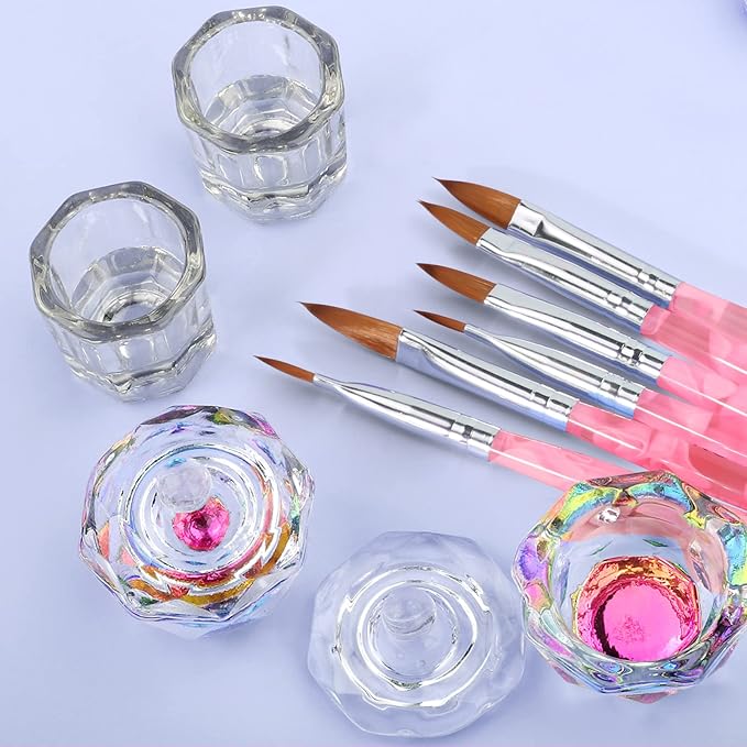 Acrylic Nail Brush Dappen Dish Set, 6PCS Nail Art Pen and 4PCS Crystal Dappen Dish, Manicure Bowl Cup Glass Container for Acrylic Liquid Nail Tool Kit (Pink)