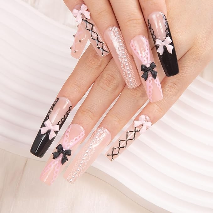 LOVFUL Press on Nails Ballerina| Handmade with Full Covered Crystals| Reusable Fake Nails| Square Mid length 1.7in| H237-M