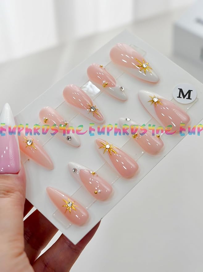 Euphrosyne Long Almond Ombre Press On Nails – 10pcs Pink & White Fake Nails with Sunburst Gold Charms and Rhinestones | Romantic Stick-On Nails for Women, Wedding or Party Look