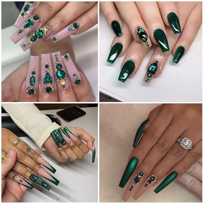 Green Nail Rhinestones Multi Shapes Emerald Green Rhinestones for Nails Flatback Nail Big Gems K9 Glass Round Beads Stones Diamonds Nail Charms Art for Nails Faces Eyes Crafts DIY